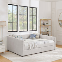 Queen Size Daybed With Two Drawers Trundle Upholstered Sofa Bed, With Vertical Stripes, Linen Fabric, (86.5"X65"X30") by Latitude Run