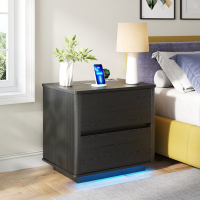 Modern Style Wooden Nightstand With Body Sensor Light And Two Drawers