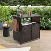 Outdoor Wicker Bar Cart, Patio Wine Serving Cart W/Wheels , Rolling Rattan Beverage Bar Counter Table W/Glass Top For Porch Backyard Garden Poolside P by Latitude Run