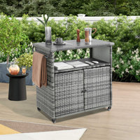 Outdoor Wicker Bar Cart, Patio Wine Serving Cart W/Wheels , Rolling Rattan Beverage Bar Counter Table W/Glass Top For Porch Backyard Garden Poolside P