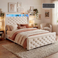 Bed Frame with Storage and LED Lights Charging Station, Velvet Upholstered Sleigh Bed with Wingback Bookcase Headboard, No Box Spring Needed, Easy Ass by Ivy Bronx