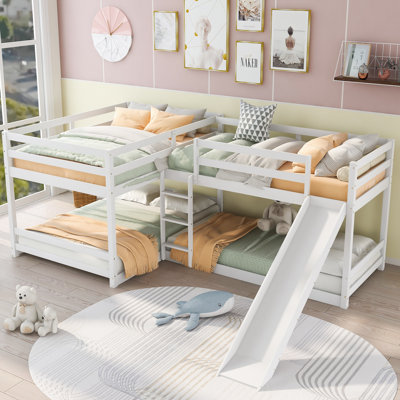L-Shaped Full & Twin Bunk Bed with Slide and Short Ladder, Solid Wood Frame, Guardrails by Latitude Run