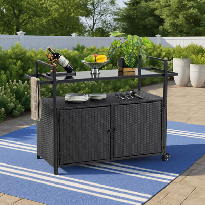 Rectangular Rattan Bar Cart On Wheels