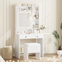 65.3" H Vanity Set With Led Mirror, Jewelry Armoire & Makeup Storage With Drawers And Shelves, Dressing Table For Bedroom, White by Latitude Run