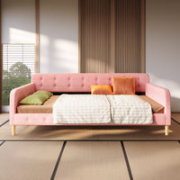 Queen Size Upholstered Daybed with Armrests and Wood Frame, Linen Fabric Sofa Bed