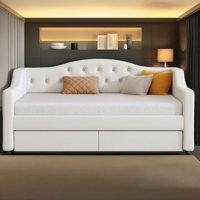 Twin XL Upholstered Daybed with LED Lights and 2 Storage Drawers, Linen Platform Bed with Padded Backrest by Lark Manor