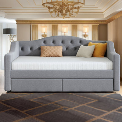 Twin XL Upholstered Daybed with LED Lights and 2 Storage Drawers, Linen Platform Bed with Padded Backrest