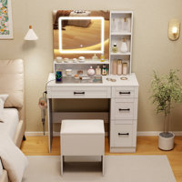 35.5" Makeup Table Set Vanity Desk with Mirror and Lights 2 Open Shelves Glass Top by Latitude Run