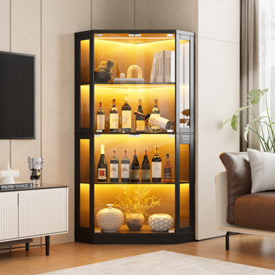 Corner Display Cabinet With Glass Doors, 66.3" Tall Glass Display Cabinet, Lighted Curio Cabinet, Bookcase With 3 Color Led Lights, 4-tier Display Cas by Wrought Studio