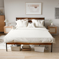 Iron Platform Bed Frame With Rustic Wood Headboard & Footboard (Queen Size) by 17 Stories
