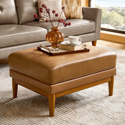 Erauso 33.5"W Mid-Century Modern Genuine Leather Ottoman with Solid Wood Legs by Corrigan Studio