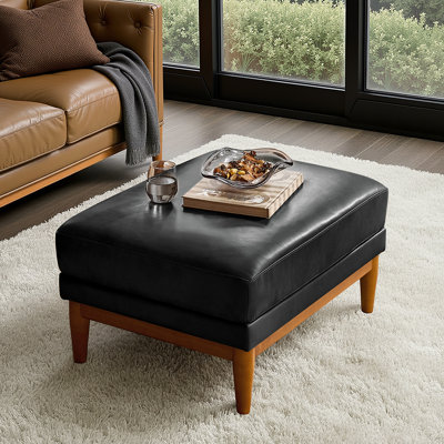 Erauso 33.5"W Mid-Century Modern Genuine Leather Ottoman with Solid Wood Legs