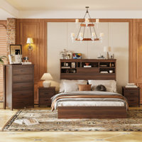 4PCS Bedroom Sets, Wooden Queen Size Bed Frame With Storage Headboard And Charging Station, 2 Nightstands With 2 Drawers, 1 Dresser With 5 Drawers by Hokku Designs