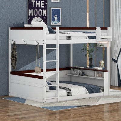 Queen Size Wooden Bunk Bed With Built-In Shelves,Storage Box, LED Light And USB Charging Station by Latitude Run