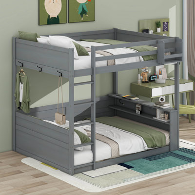 Queen Size Wooden Bunk Bed With Built-In Shelves,Storage Box, LED Light And USB Charging Station by Latitude Run