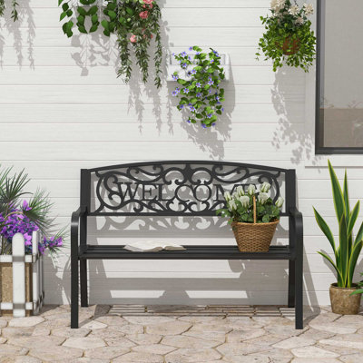 50" Outdoor Metal Welcome Bench, Garden Bench with Slatted Seat by Ophelia & Co.
