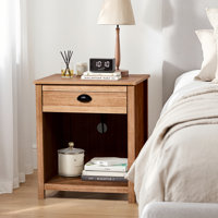 Oak-Colored Nightstand With 1 Drawer And Lower Shelf P2 MDF + Solid Wood Veneer Frame Mid-Century Modern Style 1 Piece by Winston Porter