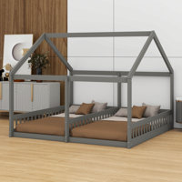 Wood Twin Size Double House Shaped Platform Beds, Side By Side 2 Shared Beds by Harper Orchard