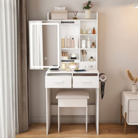 Small Makeup Vanity Desk With Mirror & Adjustable LED Lights,Built-In Power Outlet & Hidden Storage by Ivy Bronx