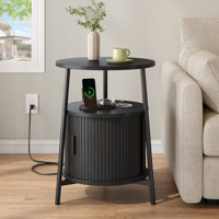 Round End Table With Storage, Fluted Side Table With Sliding Tambour Door & Charging Station by George Oliver