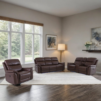 3-Piece Breathing Leather Power Recliner Sofa Set With LED Light,Wireless Charging Station,And Storage Console