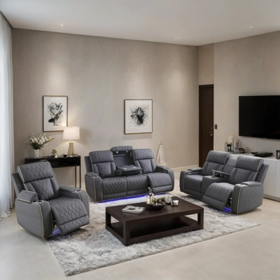 3-Piece Breathing Leather Power Reclining Sofa Set With LED Lights, Wireless Charger, Storage Console & Drop-Down Table