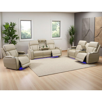 3-Piece Breathing Leather Power Reclining Sofa Set With LED Lights, Wireless Charger, Storage Console & Drop-Down Table by Ivy Bronx