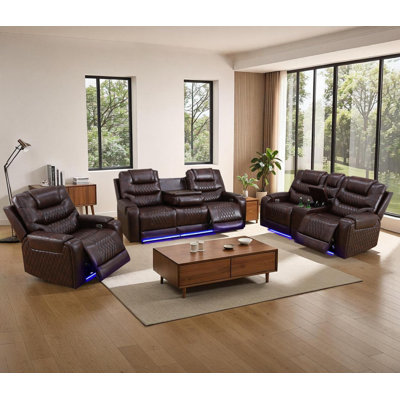 3-Piece Breathing Leather Power Recliner Sofa Set With LED Light,Wireless Charging Station,And Storage Console