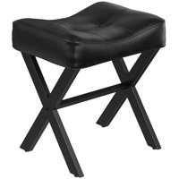 Leather Vanity Stool Chair, Vanity Bench With Metal X-Leg, Ottoman Foot Stool With Thick Padded Saddle Seat, Black by Winston Porter