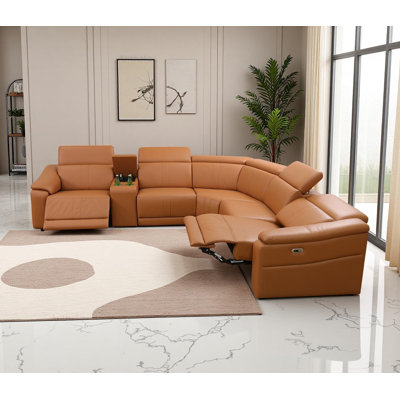 3-Pieces Breathing Leather Power Reclining Theater Sectional With Cup Holder, Wireless Charger And LED Lighting by Latitude Run