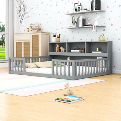Wood Floor Bed With Storage Shelves And Guardrails by Harriet Bee