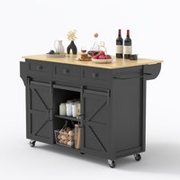 Farmhouse Kitchen Island Cart With Drop Leaf, Barn Door Storage Cabinets & Locking Wheels – Rustic Wood Finish by Gracie Oaks