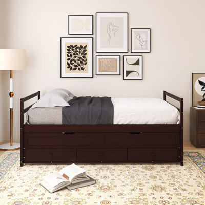 Wood Frame Twin Bed With Trundle And Three Storage Drawers by Lark Manor