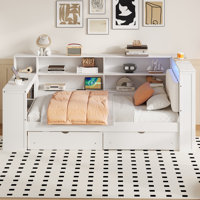 Wood Platform Bed with Storage Shelves, Drawers, Charging Station, LED, Desk and Upholstered Headboard
