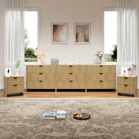 Fluted Dresser And Nightstand Sets, 5 Piece Bedroom Set, Modern Dresser & Chest Of Drawers With 9 Drawers, Set Of 2 Nightstands End Table, Natural Oak by Hokku Designs
