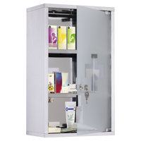 Wall Mounted Medicine Cabinet, Locking Wall Cabinet With 3 Tier Shelves, Stainless Steel Frame And Glass Door, Lockable With 2 Keys,, 12" X 20"