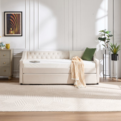 Velvet Upholstery Daybed with Trundle,USB Port ,Side Pockets by Rosdorf Park