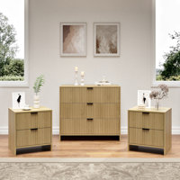Fluted Dresser And Nightstand Sets, 3 Piece Bedroom Set, Modern Dresser & Chest Of Drawers With 3 Drawers, Set Of 2 Nightstands End Table, Natural Oak by Ebern Designs
