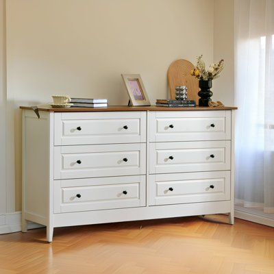 White 6-Drawer Dresser Storage Cabinet with Metal Handles, Wide Drawers & Red Wood Grain Finish??