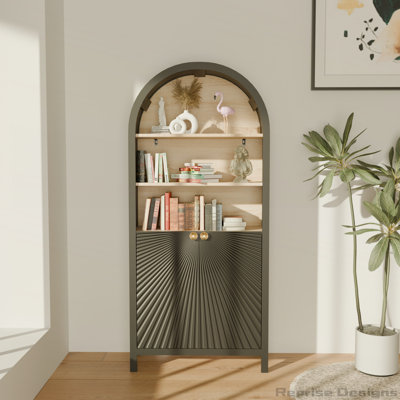 61" Tall Arched 5-Tier Bookshelf with storage and door