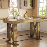 Counter Height Bar Table, 63-Inch Wooden Pub Table With Metal Footrest For Dining Kitchen Breakfast