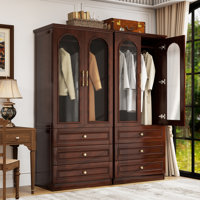 100% Soild Wood Wardrobe Armoire with Drawers, 4-Door Armoire Cabinet with 2 Hanging Rods and 6 Drawers for Bedroom, Cherry Red Finish by Lark Manor