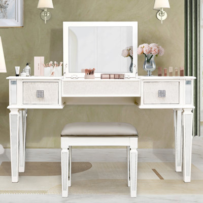 Makeup Vanity Table with 2 Diamond Handles Drawers & Flip-Up Storage Mirror and Vanity Set with PU Stool by Rosdorf Park