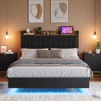 King Floating Bed Frame with LED Lights & Charging Station, Upholstered Platform Bed with Storage Headboard by Wrought Studio