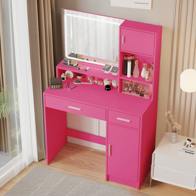 Elegant Vanity Desk with Mirror, LED Light Strip, and 3-Level Storage, Perfect for Bedroom and Dressing Room by Ivy Bronx