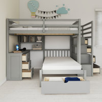 Solid Wood Full Over Twin Bunk Bed With Desk, Drawers And Shelves by Harriet Bee