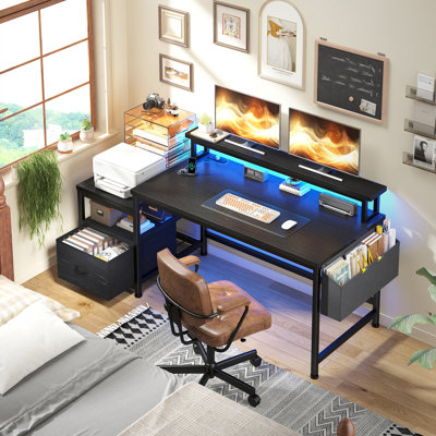 57"W Desk With LED Lights And Monitor Shelf,Computer Desk With 2 Open Storage Shelves, Corner Desk With Drawer And Power Outlets For Small Home Office by Wrought Studio