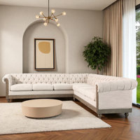 L-Shape 104.02" Wide Symmetrical Upholstered Sectional With Chesterfield Design & Solid Wood Legs by Canora Grey