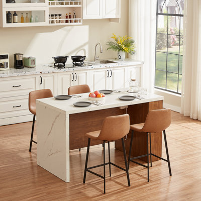 61" Kitchen Island Cart With Imitation Marble Top – Portable Workstation With Storage Shelves, Power Outlets & Adjustable LED Light by Ivy Bronx