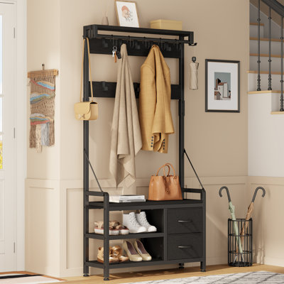 5-In-1 Entryway Hall Tree With Shoe Bench, Coat Rack With 17 Hooks, Top Shelf, Fabric Drawers & Extra Large Shoe Storage by 17 Stories